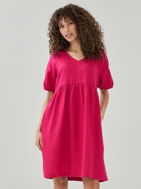 Joe Fresh V-Neck High Waisted Puff Sleeve Dress In Fuchsia Size 3X NWT
